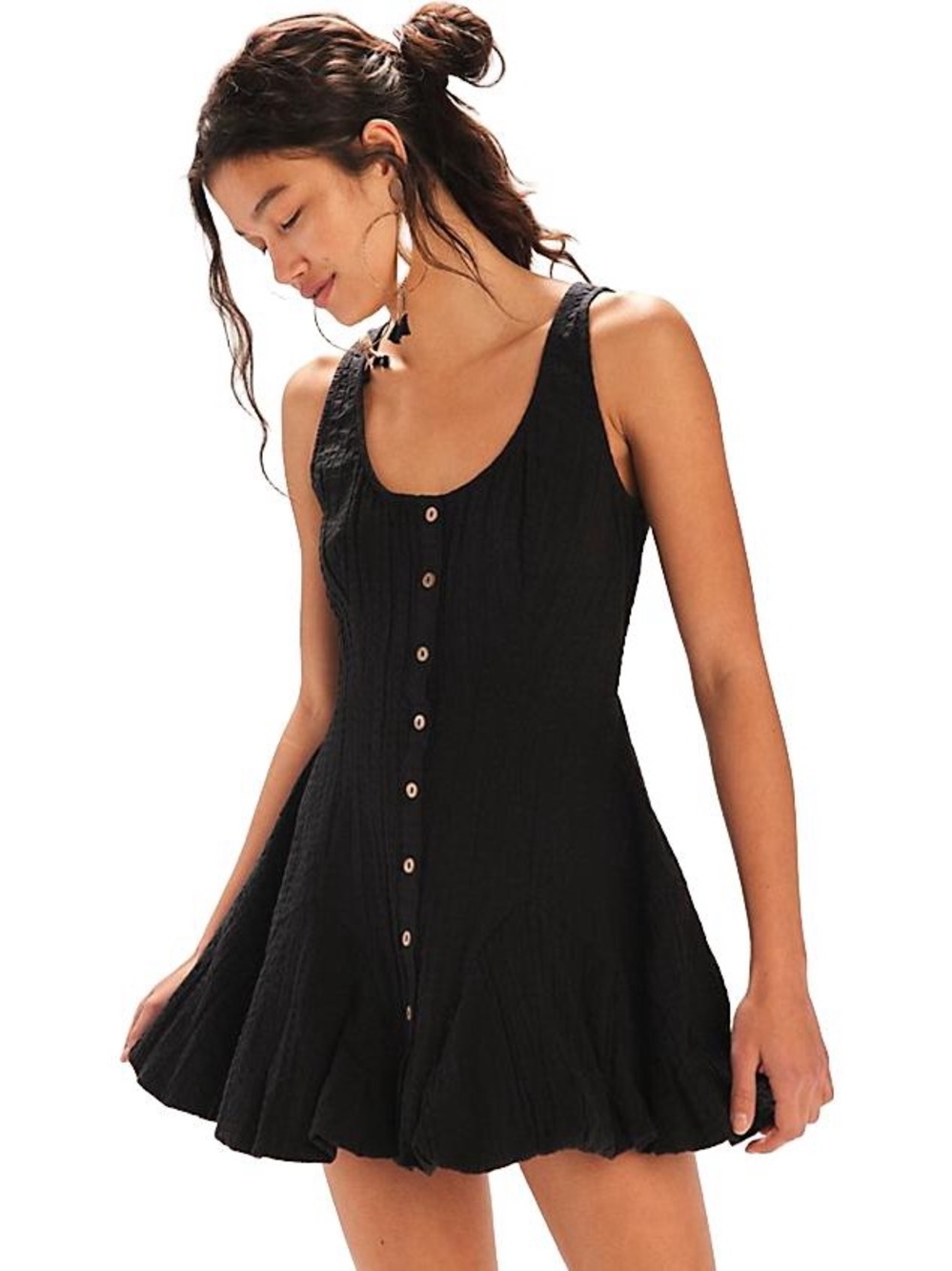 Free People Black Button-Front Sundress With Bubble Hem